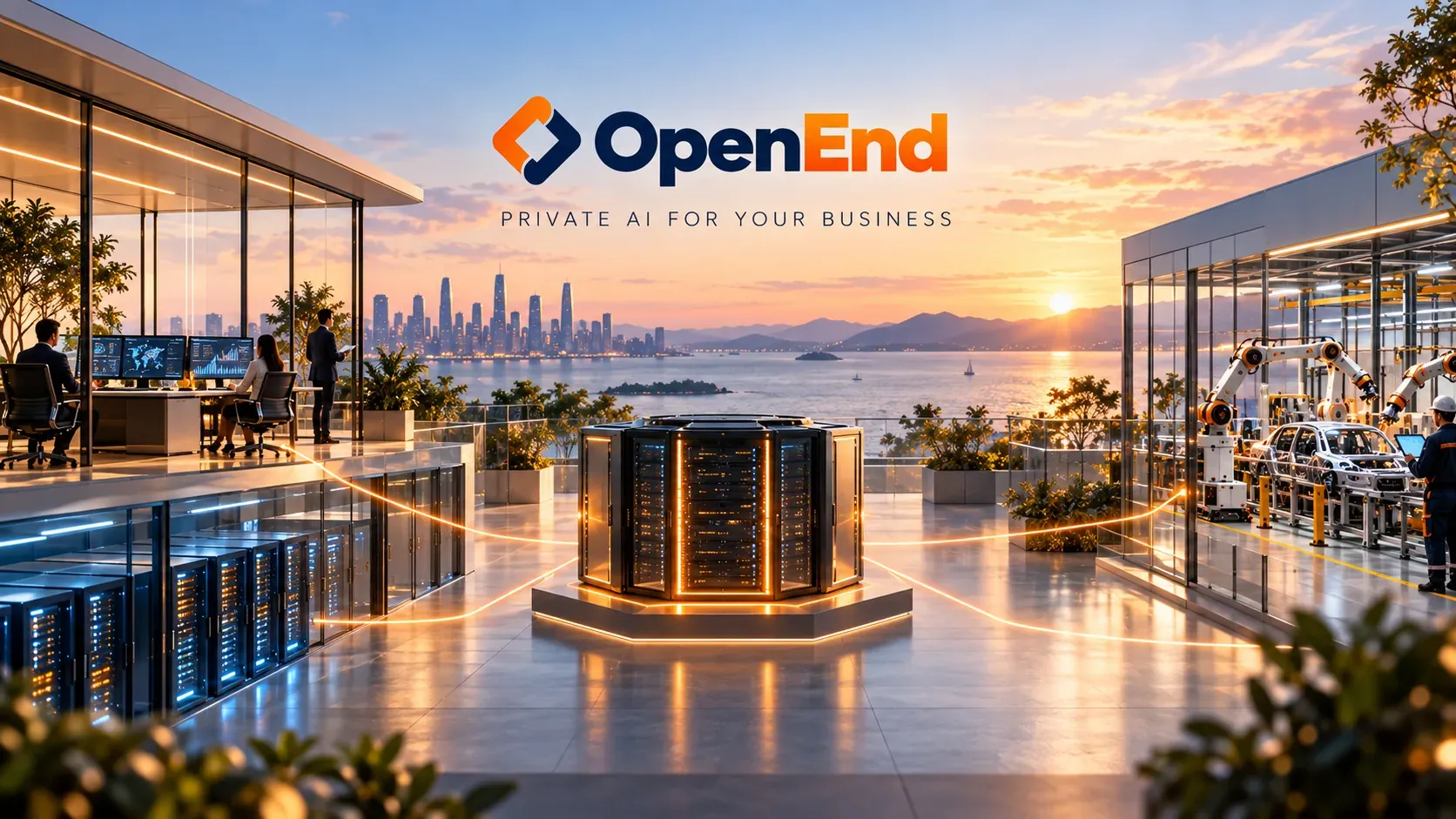OpenEnd Private AI campus at sunset
